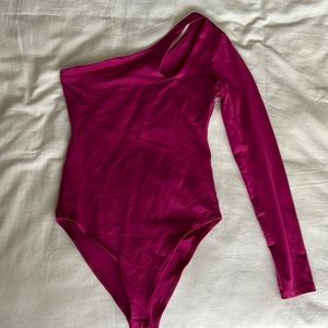 ZARA Fuchsia One Shoulder Cut out Body Suit - Size Small - Snapbottom